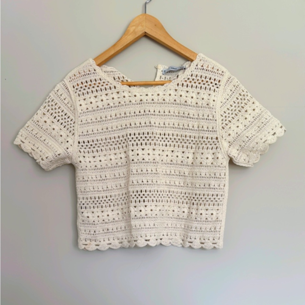 Mango Ivory Crochet Short Sleeve Top
